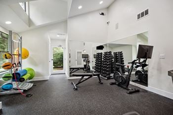 A home gym with weights and cardio equipment